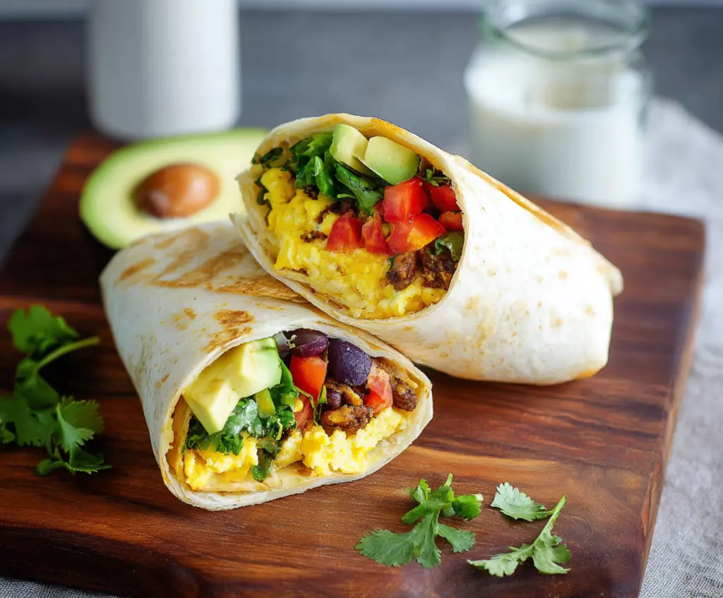 Healthy breakfast burrito filled with eggs, vegetables, and lean protein for a nutritious start to your day.
