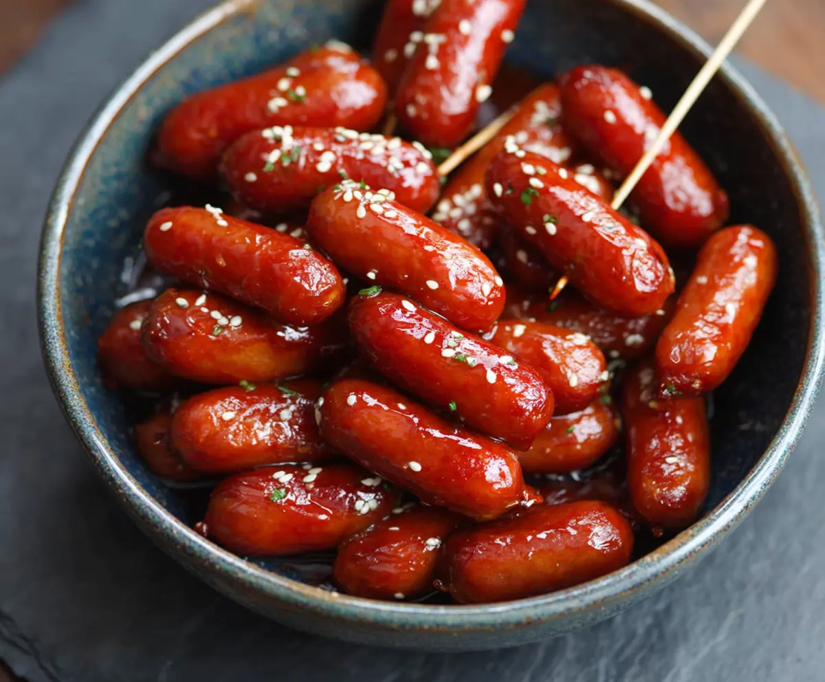 Delicious Honey Garlic Cocktail Smokies served on a platter with garnishes