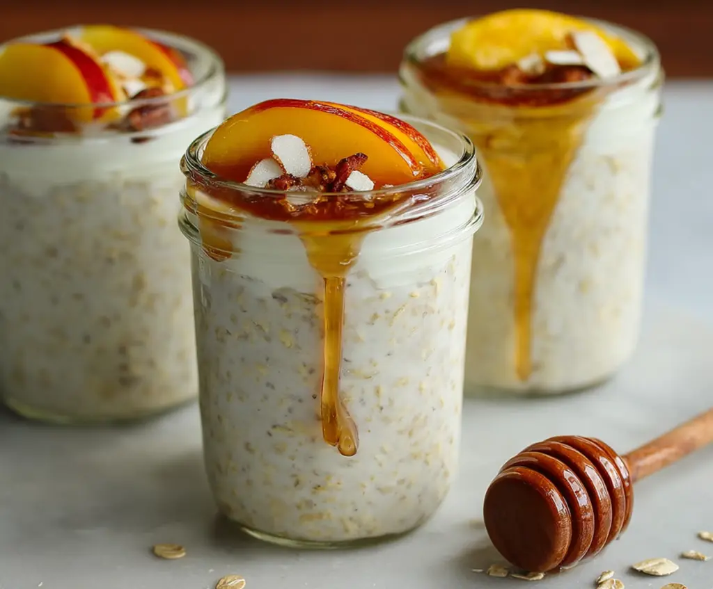 Creamy honey vanilla overnight oats in a glass jar with fresh berries on top.