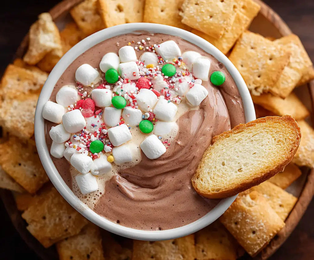 Delicious Hot Cocoa Dip served with marshmallows and chocolate shavings for a cozy treat