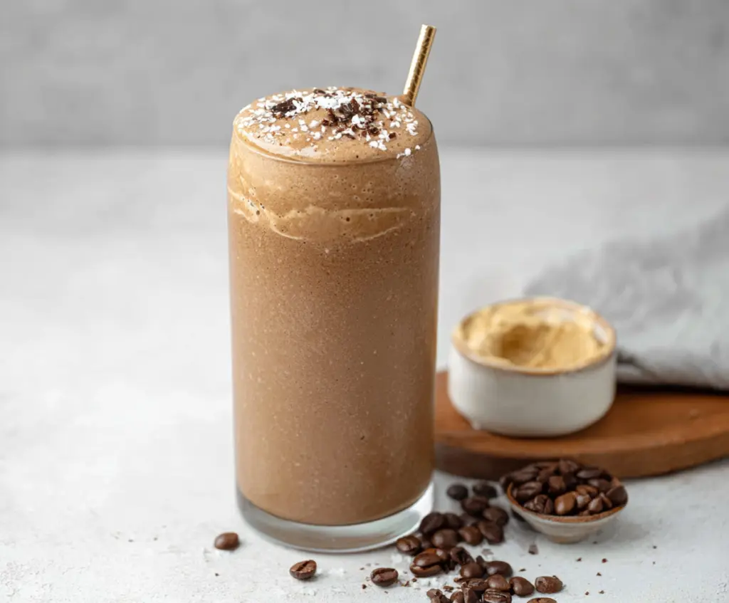 Delicious iced coffee protein shake in a glass, topped with whipped cream and chocolate drizzle.