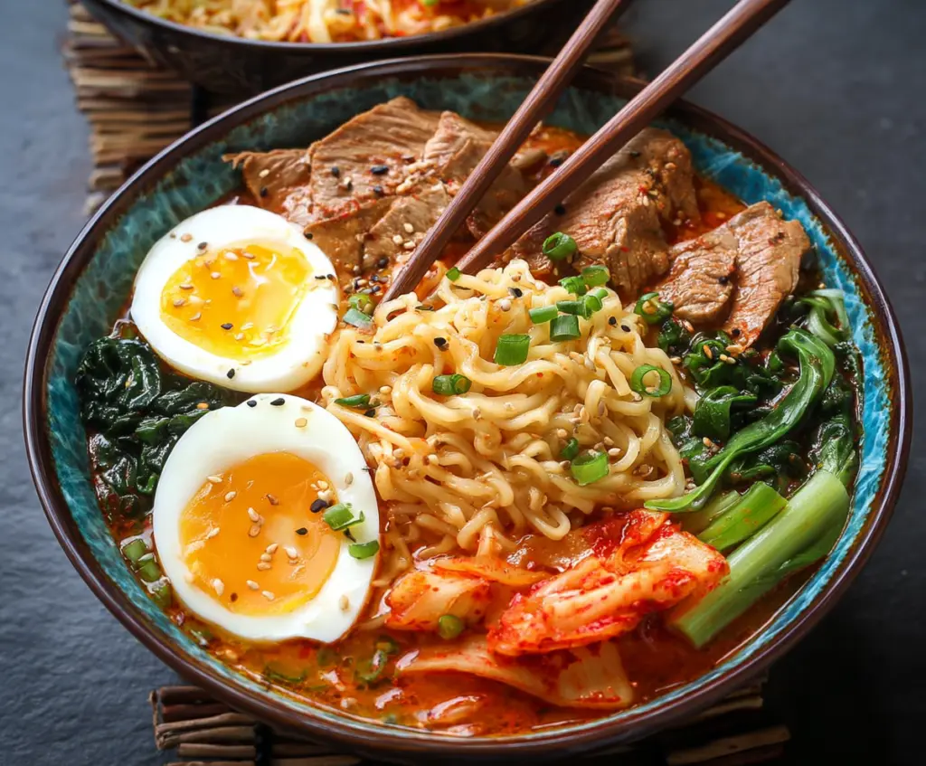 Delicious Korean Ramen Noodles served in a bowl with vegetables and broth