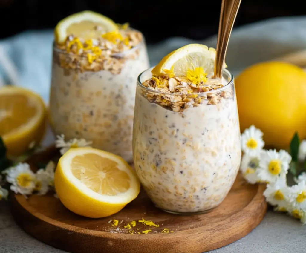 Creamy Lemon Cheesecake Overnight Oats in a glass jar topped with fresh lemon slices and mint for a refreshing breakfast.