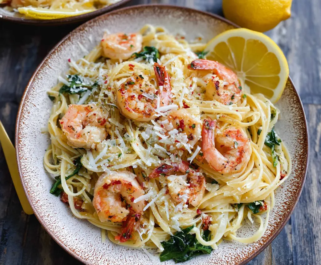 Delicious Lemon Garlic Parmesan Shrimp Pasta served on a plate with fresh herbs.