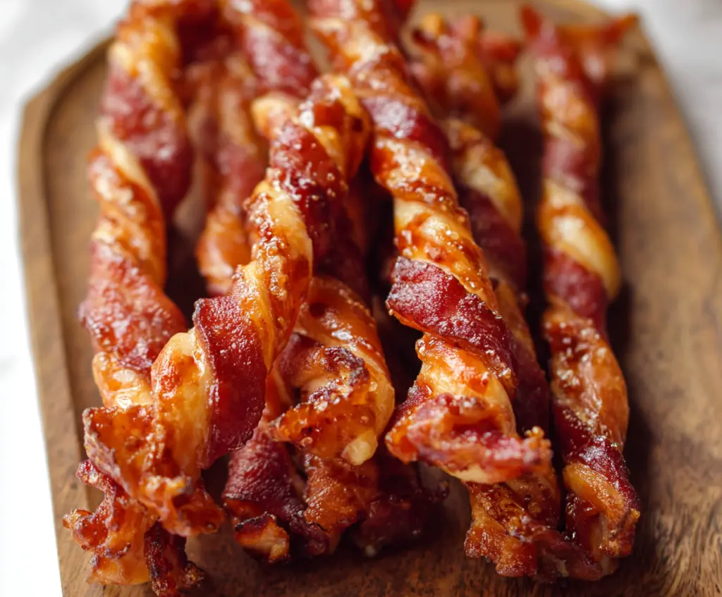 Crispy maple bacon twists topped with caramelized glaze and fresh herbs on a rustic platter.