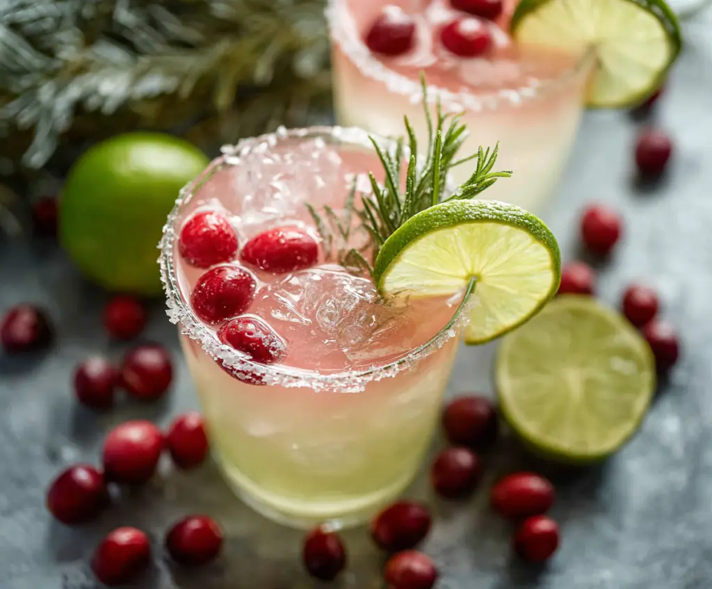 Refreshing Mistletoe Margarita in a festive glass with lime and mistletoe for Christmas celebration