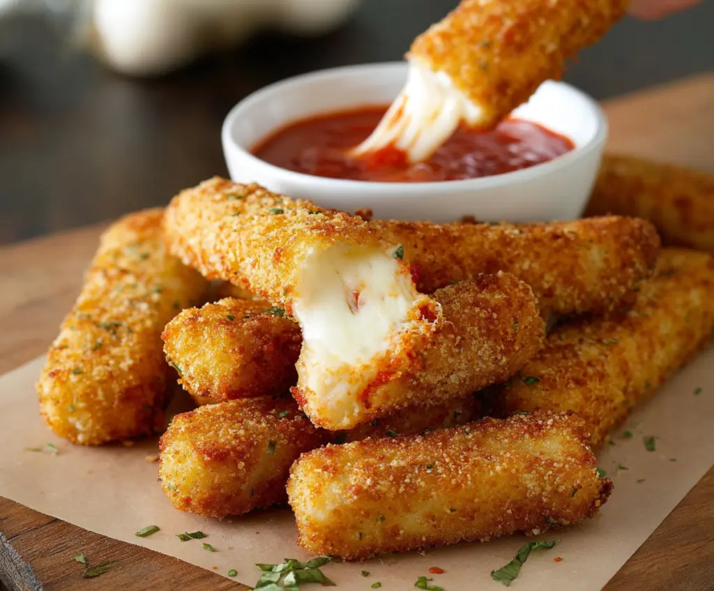 Crispy mozzarella sticks with melted cheese served with marinara sauce on a plate