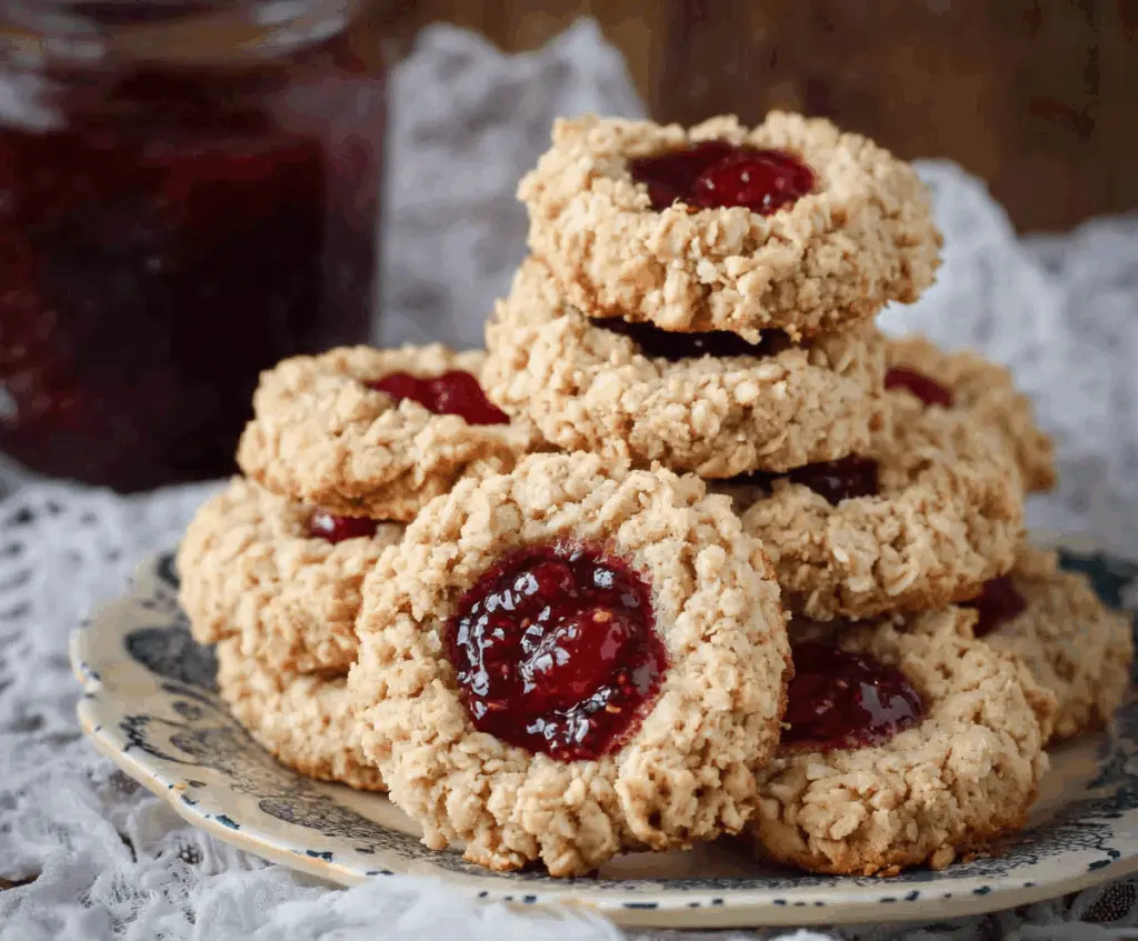 Delicious Oatmeal Raspberry Jam Thumbprint Cookies on a plate, ready to enjoy.