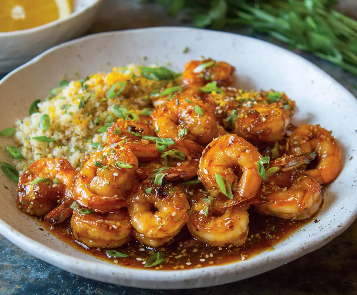 Delicious orange honey garlic shrimp served on a plate, garnished with herbs for a flavorful seafood dish.