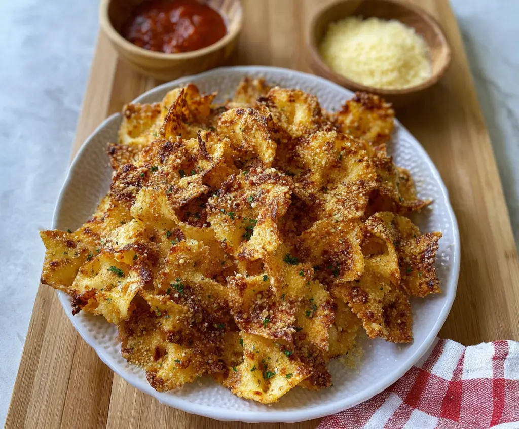 Crispy oven-baked cheesy pasta chips topped with melted cheese and herbs.
