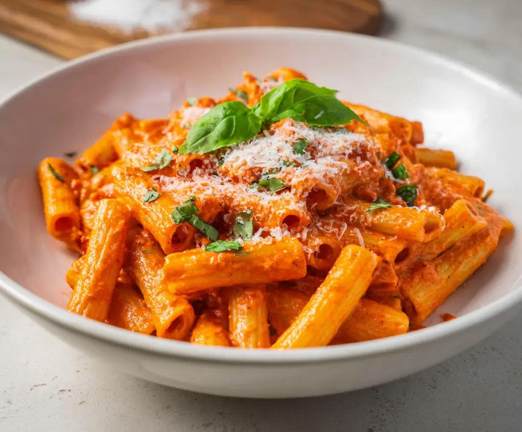 Creamy Pasta Alla Vodka in a white bowl with basil garnish, ready to serve.