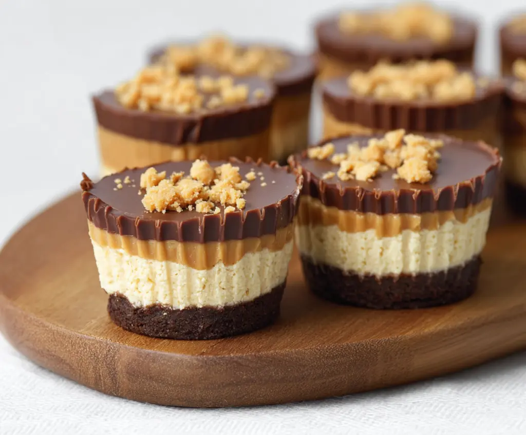 Delicious peanut butter cheesecake bites topped with chocolate drizzle on a white plate.