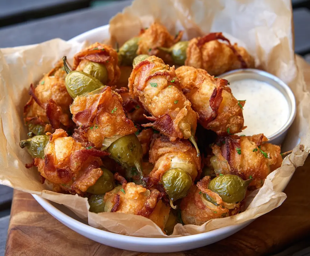 Delicious homemade Pickle Poppers with melted cheese and crispy bacon on a plate.