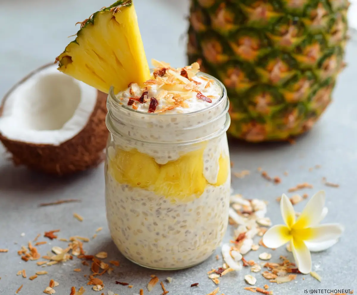 Delicious Piña Colada Overnight Oats topped with pineapple and shredded coconut in a glass jar.