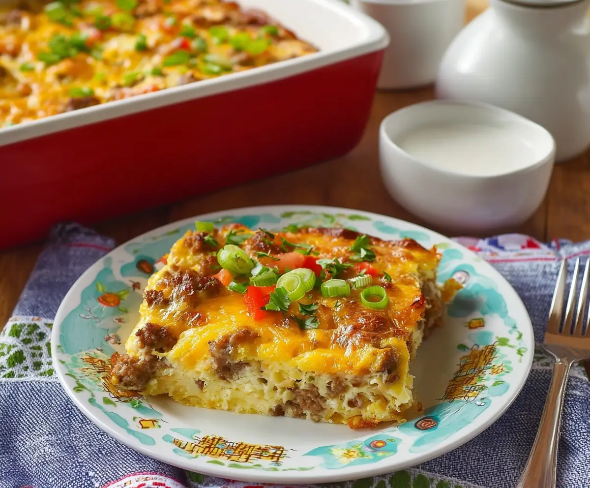 Delicious Pioneer Woman Sausage Breakfast Casserole with eggs, cheese, and sausage in a baking dish