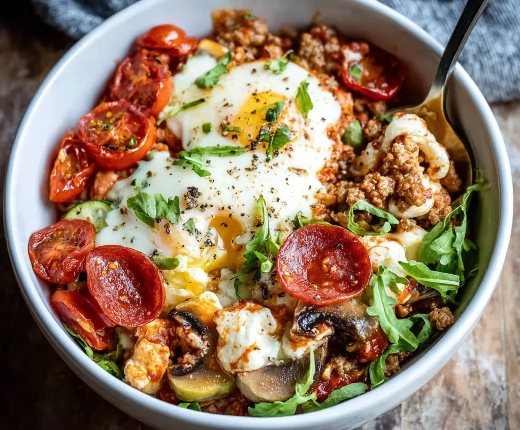 Delicious Pizza Protein Bowl with grilled chicken, vegetables, and cheese in a bowl.