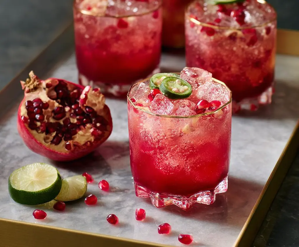 Refreshing Pomegranate Ginger Fizz cocktail garnished with fresh pomegranate seeds and a slice of ginger.