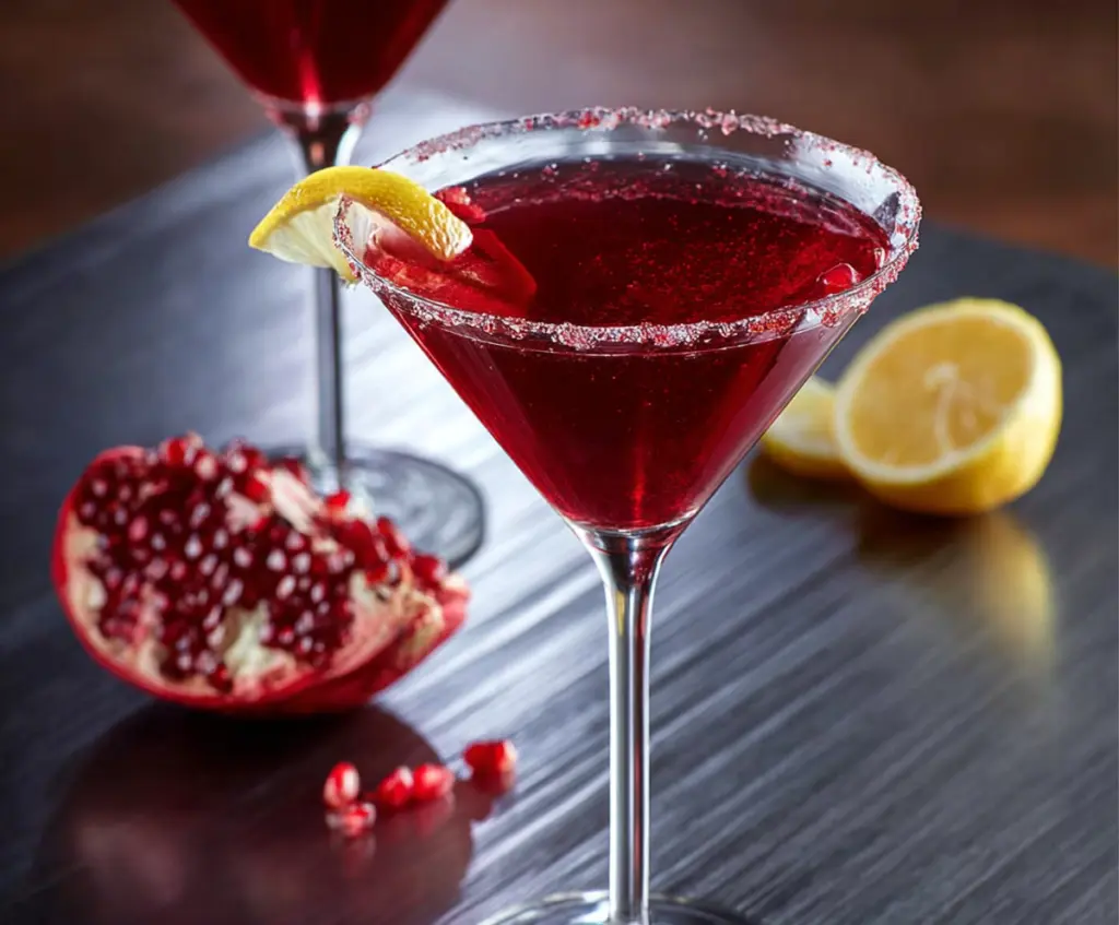 Elegant Pomegranate Martini with garnished pomegranate seeds in a stylish cocktail glass