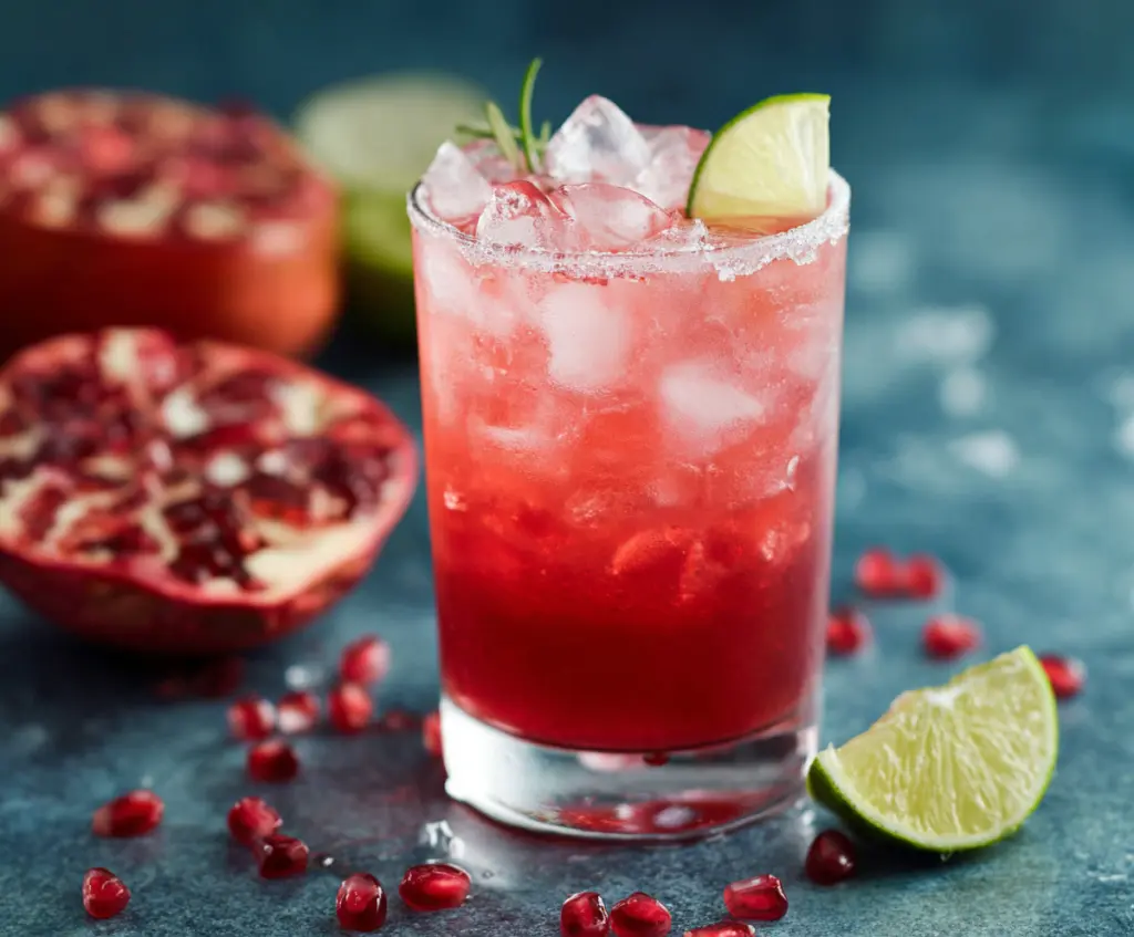 Refreshing Pomegranate Paloma cocktail in a stylish glass garnished with pomegranate seeds and a slice of lime.