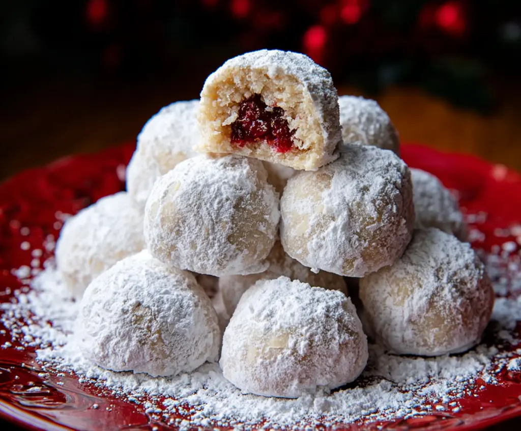 Delicious Raspberry Almond Snowball Cookies dusted with powdered sugar, perfect for holidays and special occasions.