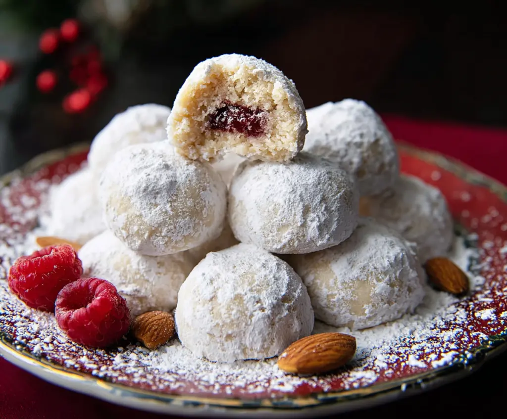 Delicious raspberry almond snowball cookies dusted with powdered sugar, perfect for holiday treats.