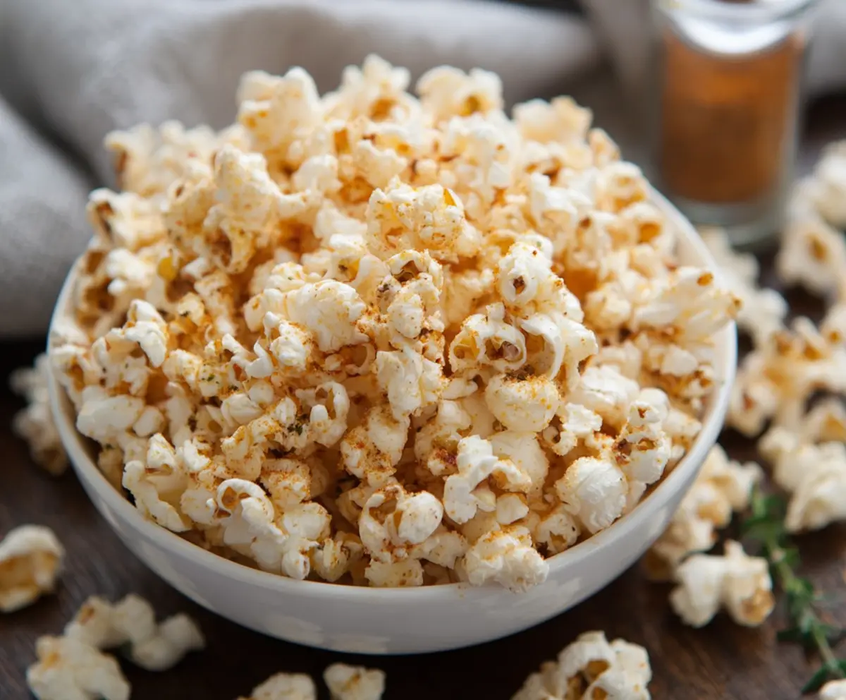 Delicious roasted garlic Parmesan popcorn in a bowl, perfect for snacking.