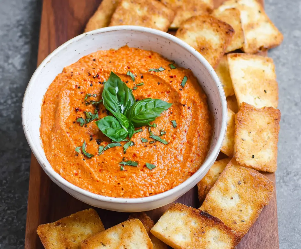 Delicious homemade roasted red pepper dip served with fresh vegetables.