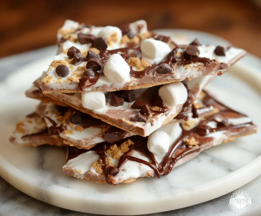 Delicious S'mores Yogurt Bark with graham crackers, chocolate, and toasted marshmallows for a sweet treat.