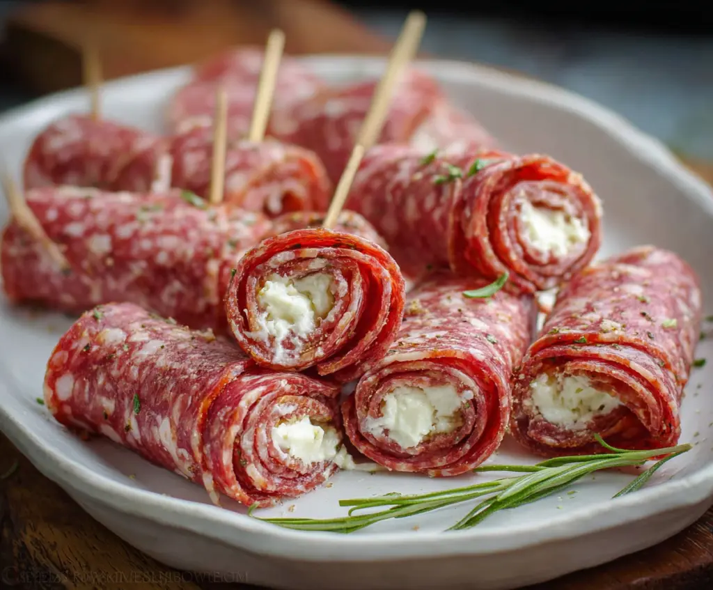 Close-up of delicious salami roll ups filled with cheese and herbs, perfect for appetizers.