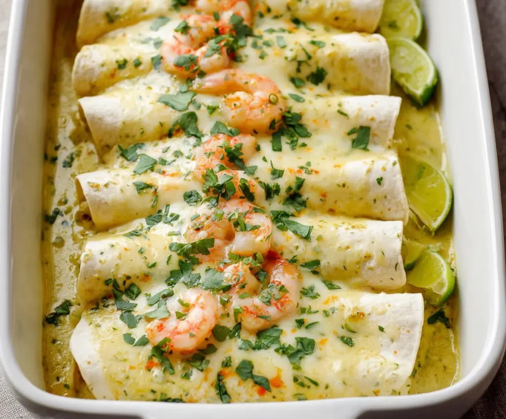 Delicious shrimp enchiladas topped with creamy poblano sauce and melted cheese.