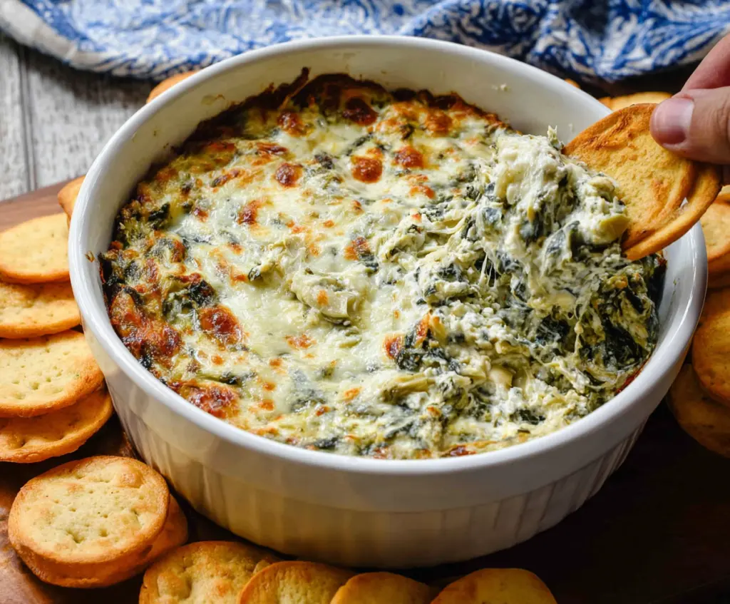 Creamy spinach and artichoke dip served in a bowl, perfect for appetizers and party snacks.