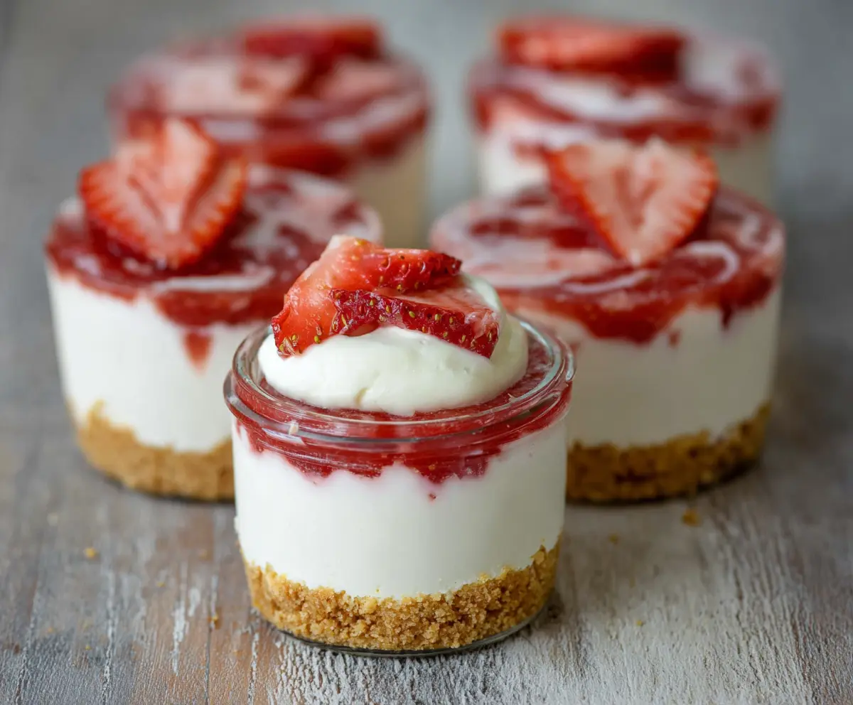 Delicious strawberry cheesecake protein cups garnished with fresh strawberries on top.