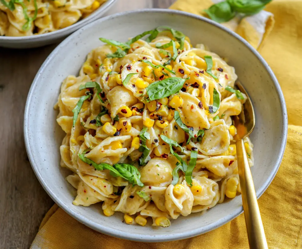 Delicious sweet corn pasta dish garnished with fresh herbs, perfect for a quick vegetarian meal.