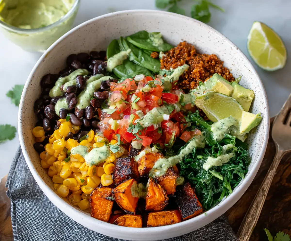 Colorful sweet potato taco bowls with fresh vegetables and salsa, perfect for a healthy meal.