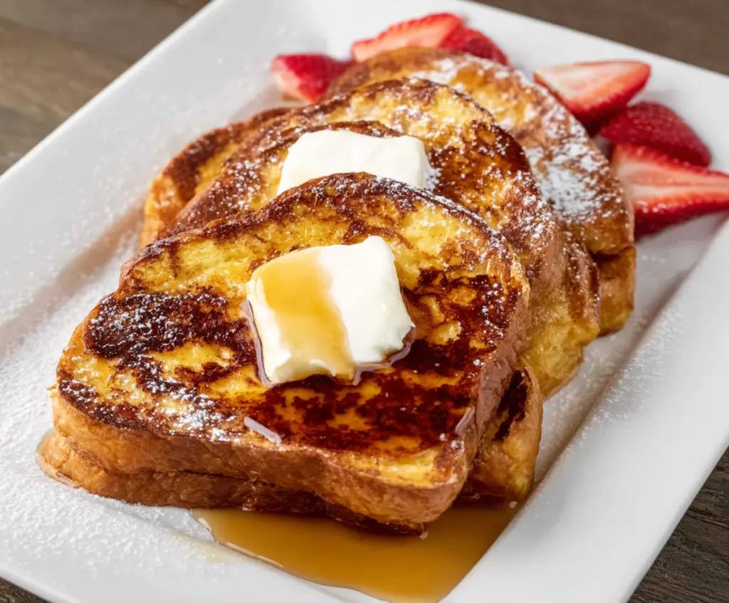 Delicious Texas French Toast topped with powdered sugar and fresh berries on a white plate.