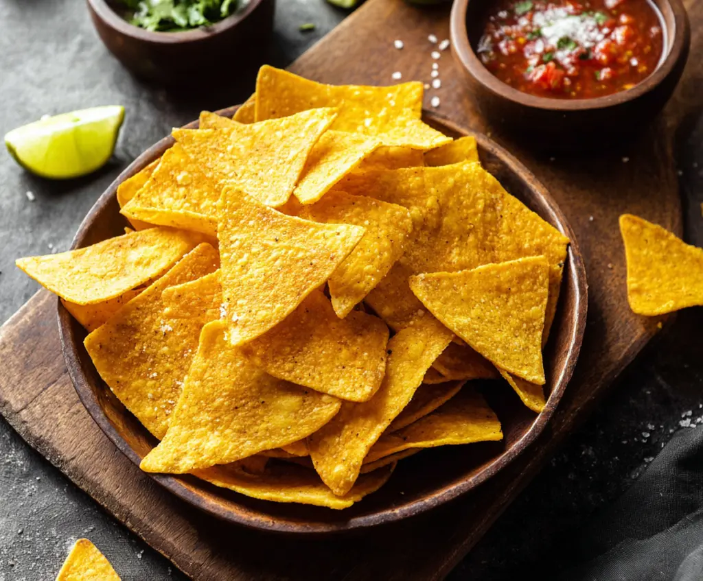 Crunchy homemade tortilla chips served with salsa for a perfect snack.