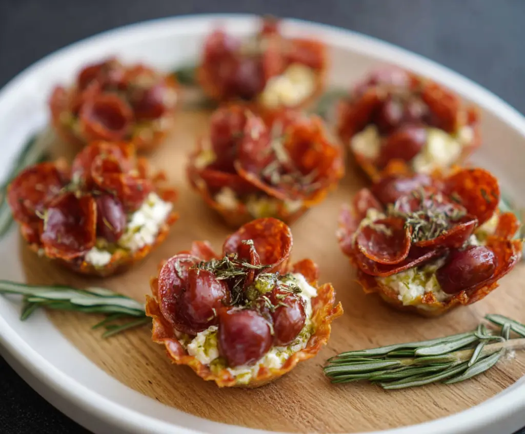 Delicious 3 Ingredient Boursin Cheese Salami Cups served on a white plate.