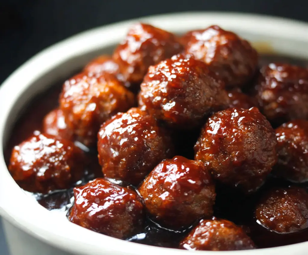 Delicious homemade BBQ meatballs cooked in a crockpot with just three ingredients.