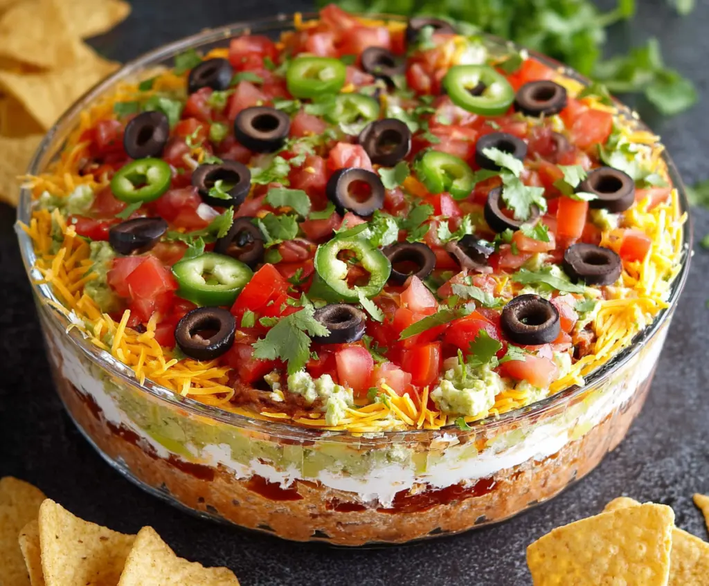 Colorful 5 Layer Dip with guacamole, sour cream, cheese, salsa, and jalapenos in a serving dish.