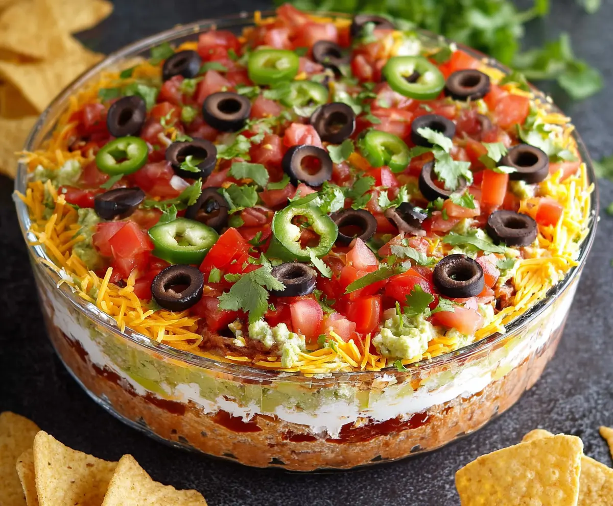 Colorful 5 Layer Dip with guacamole, sour cream, cheese, salsa, and jalapenos in a serving dish.