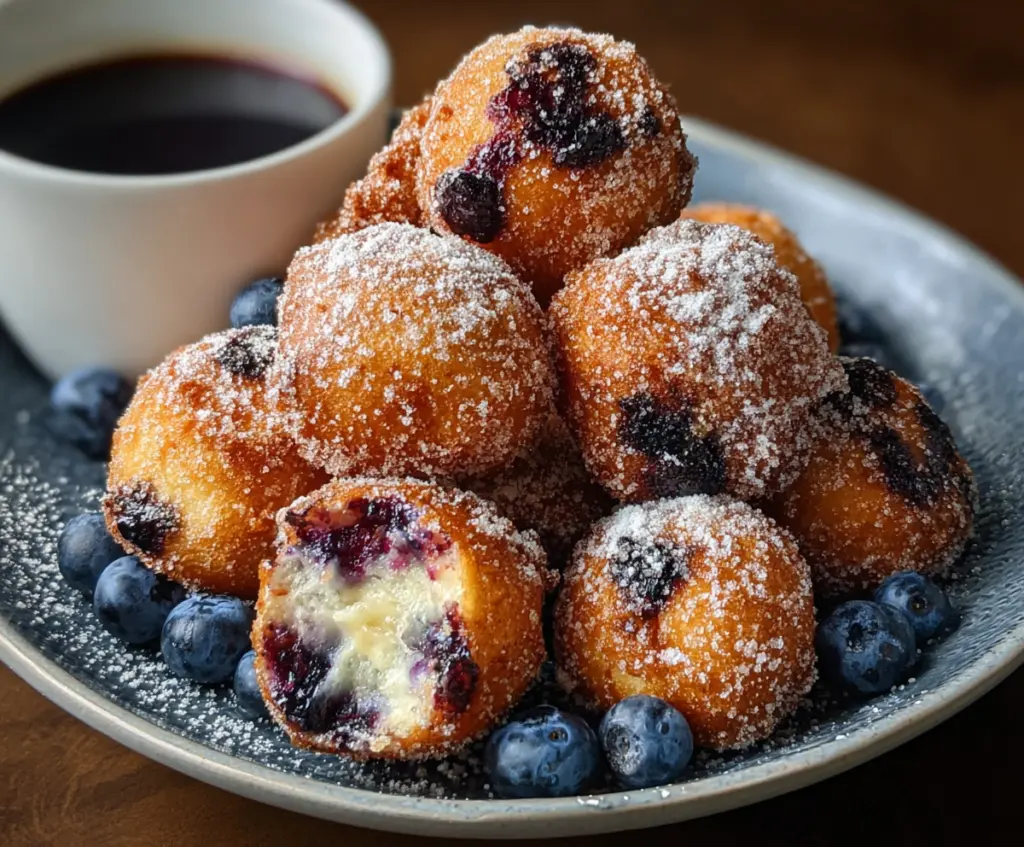 Delicious air fryer blueberry and cottage cheese donut holes on a white plate, showcasing a healthy snack option.
