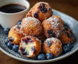 Delicious air fryer blueberry and cottage cheese donut holes on a white plate, showcasing a healthy snack option.