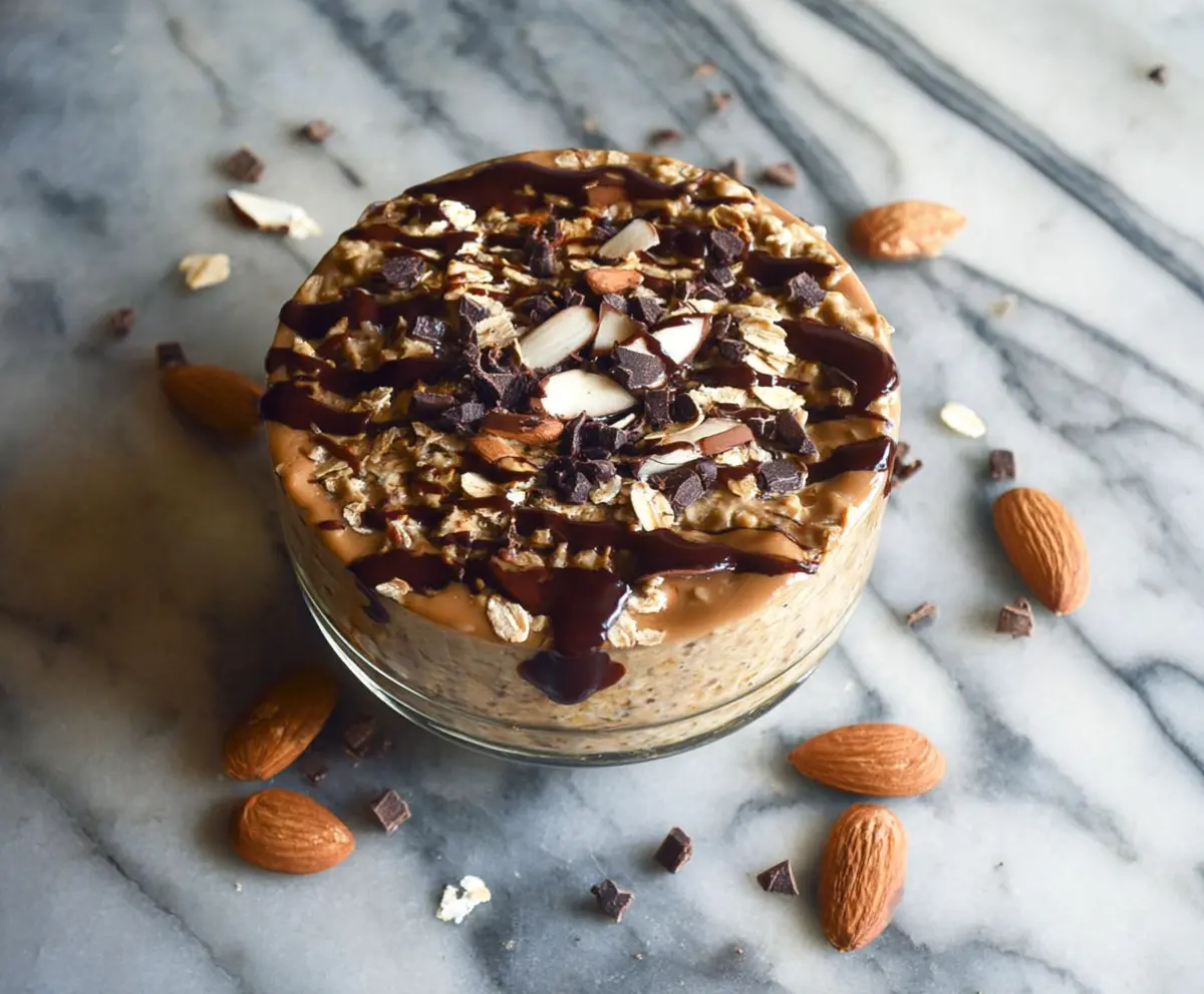Creamy almond and dark chocolate overnight oats in a glass jar