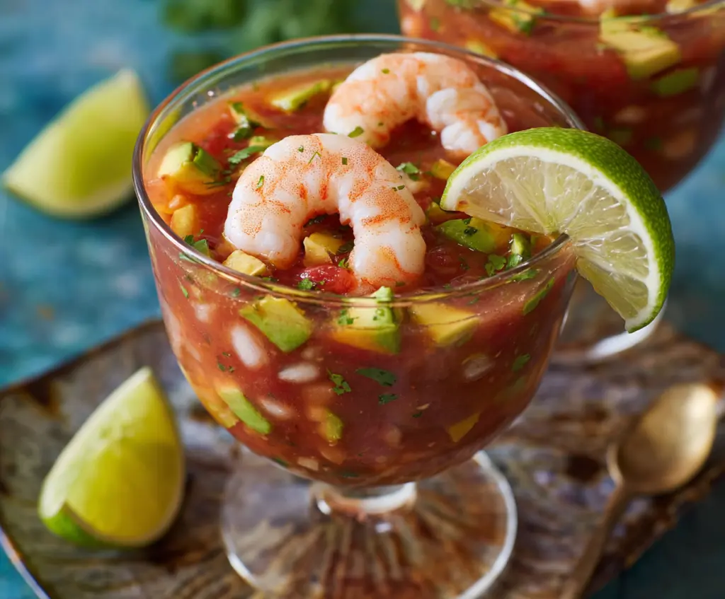 Fresh and vibrant authentic Mexican shrimp cocktail in a glass bowl garnished with lime and cilantro