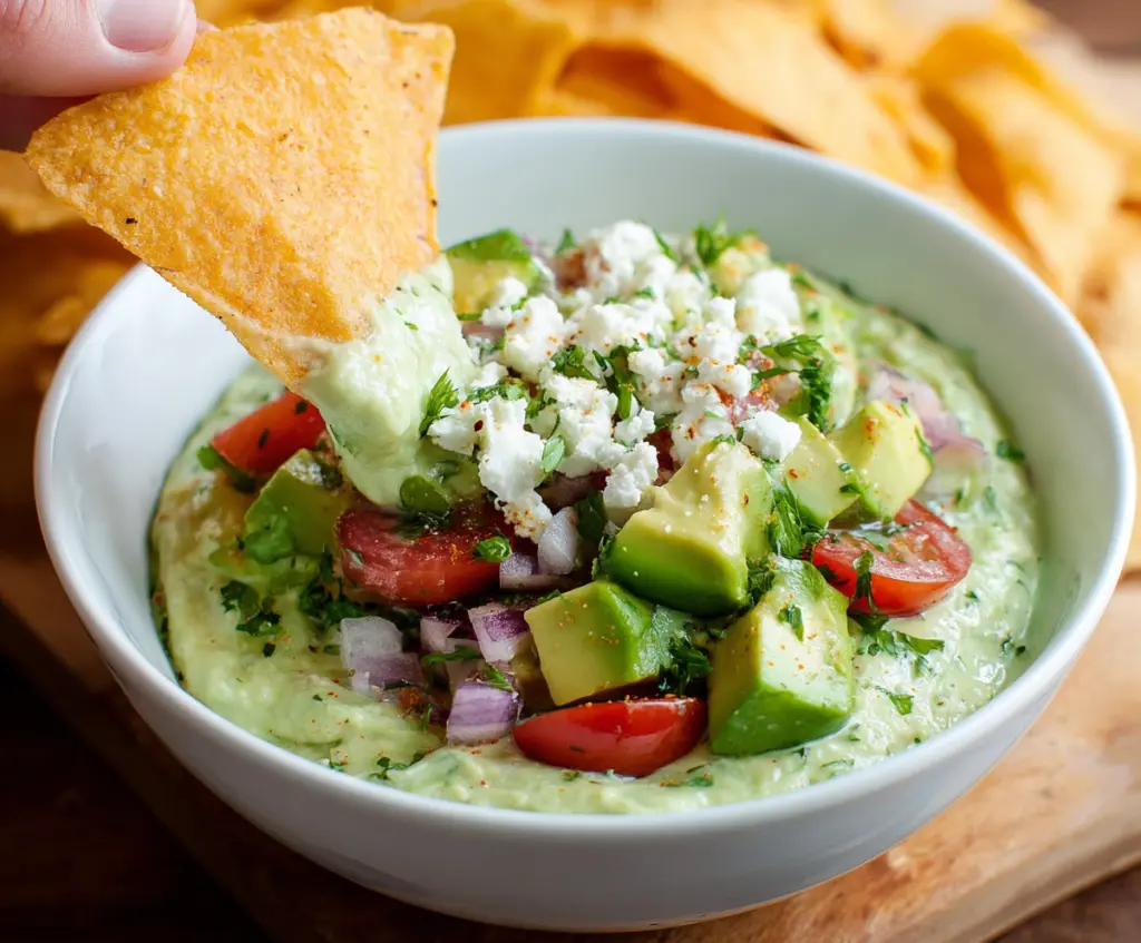 Creamy avocado crack dip served with tortilla chips for a tasty snack.