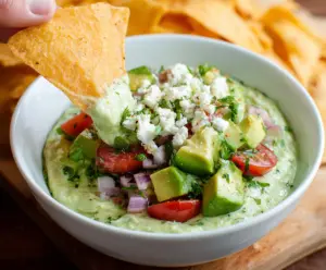 Creamy avocado crack dip served with tortilla chips for a tasty snack.