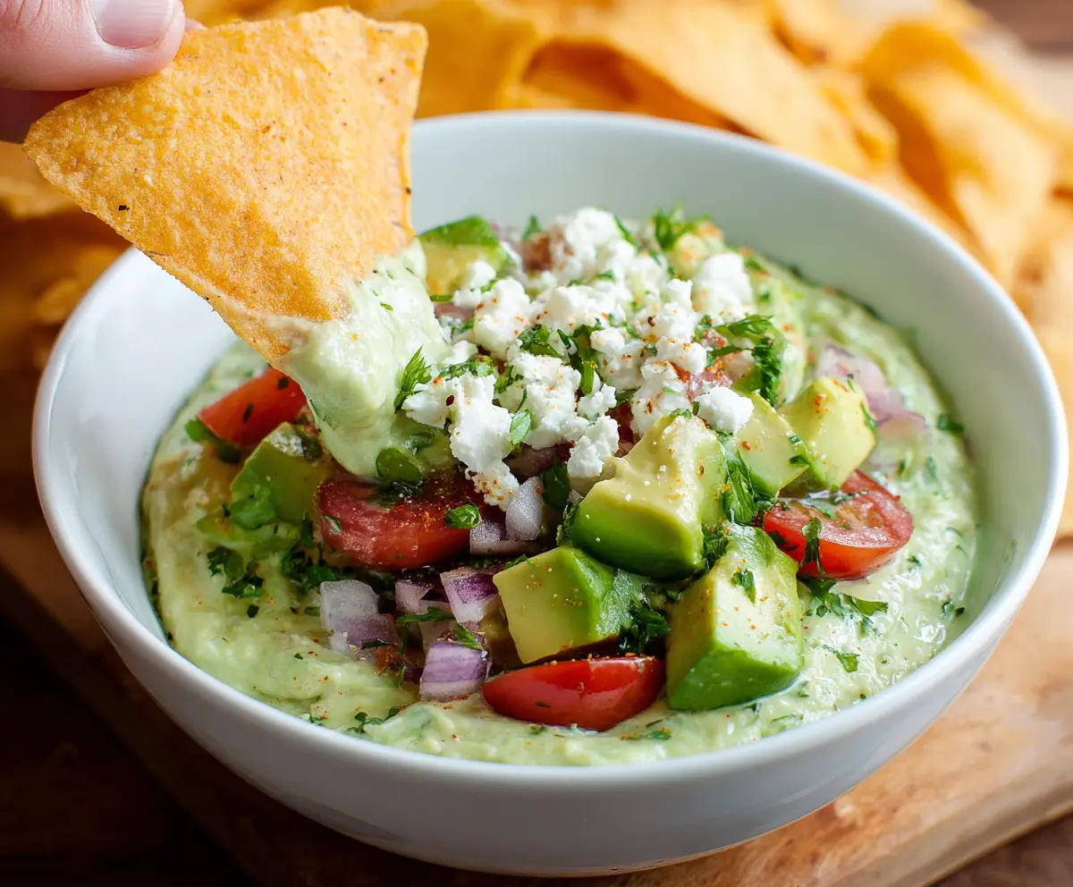 Creamy avocado crack dip served with tortilla chips for a tasty snack.