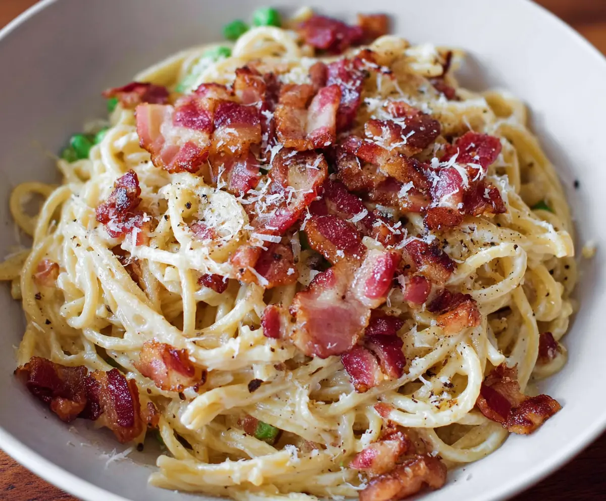 Savory bacon carbonara pasta garnished with herbs on a rustic wooden table