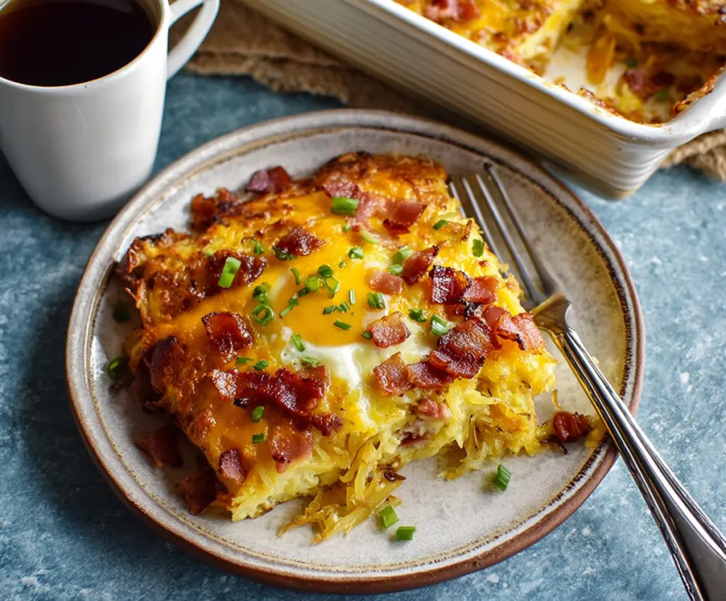 Delicious Bacon Egg and Hashbrown Casserole served hot on a plate, perfect for breakfast or brunch.