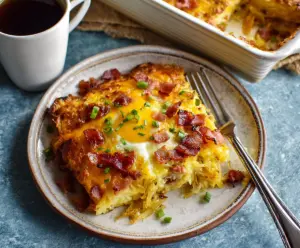 Delicious Bacon Egg and Hashbrown Casserole served hot on a plate, perfect for breakfast or brunch.